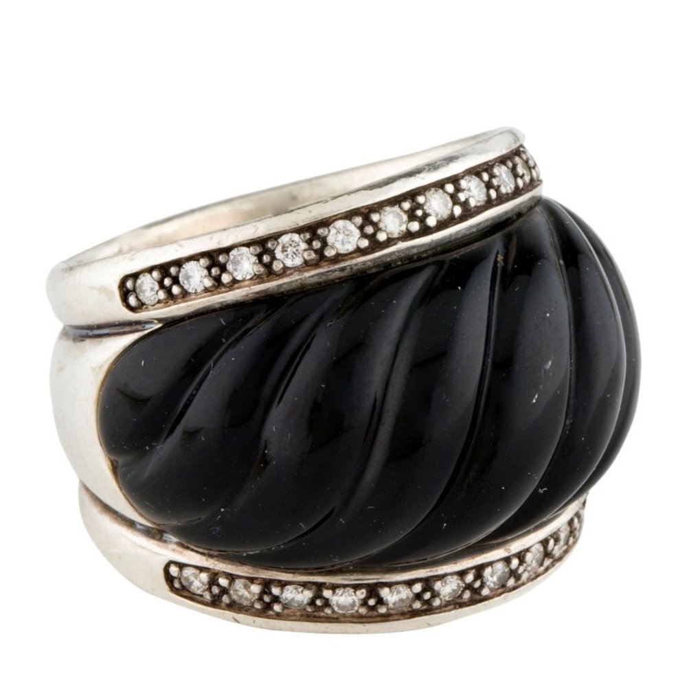 DAVID YURMAN STERLING SILVER ONYX & DIAMOND SCULPTED DOME BAND RING